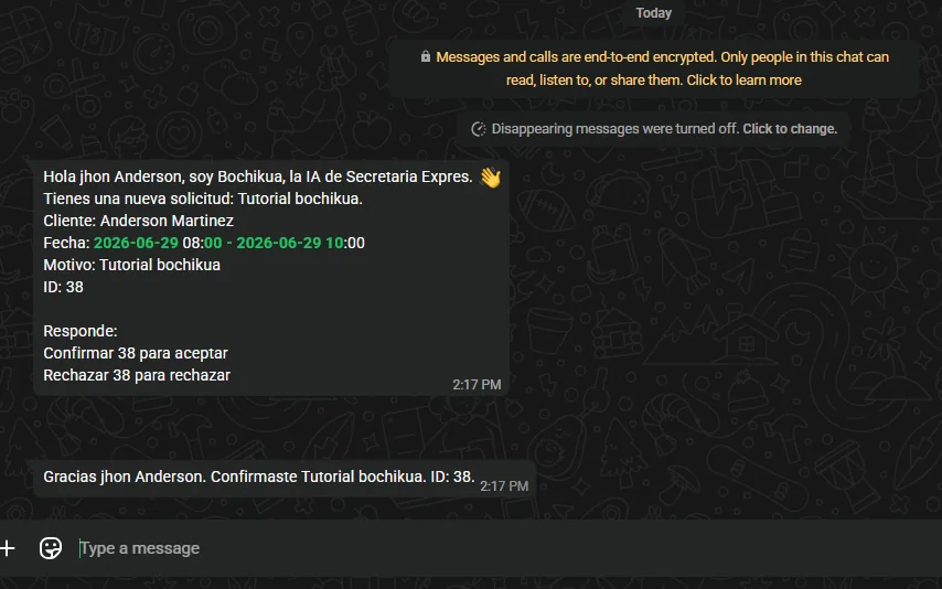 La secretaria confirma desde el chat