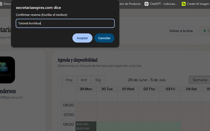 Cliente agenda una cita en el panel web